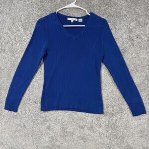 Pria Sweater Womens Medium Blue V-Neck Ribbed Knit Minimalist Preppy Layering
